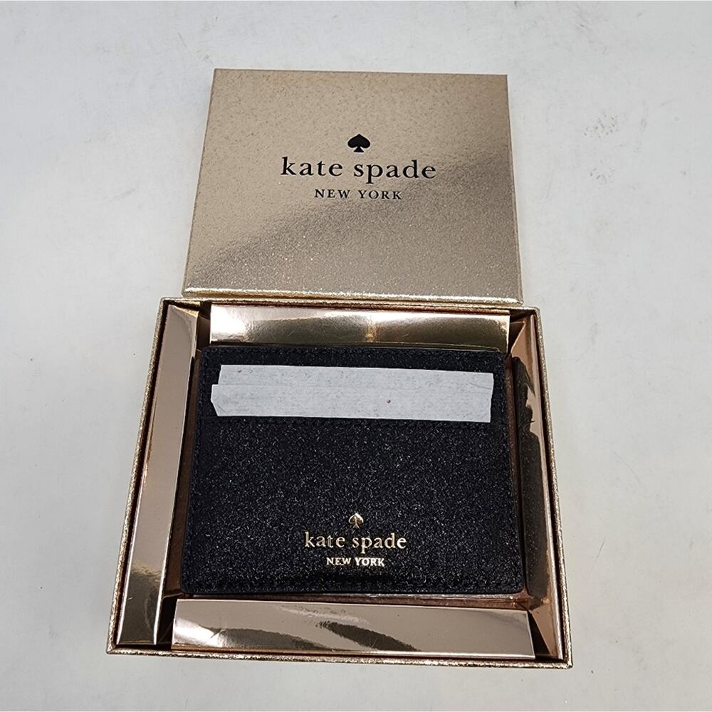 Kate Spade New Black Wallet Cardholder Small Slim Leather Glitter Gift Box NWT